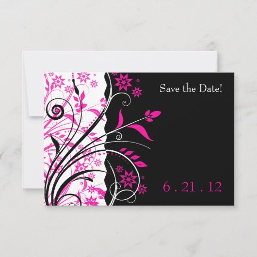 Roze en zwarte bloemenbruiloft Save the Date Kaart (Voorkant)