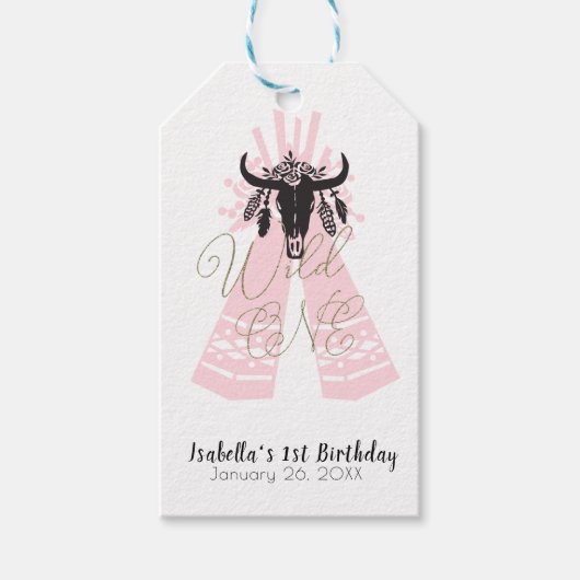 Roze en zwarte Boho Wilde EE Meisjes Birthday Part Cadeaulabel (Voorkant)
