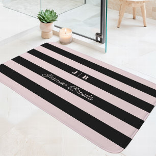 Roze en Zwarte Brede Strepen Monogram Naam Badmat