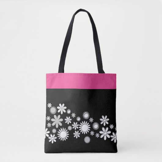 Roze en zwarte Canvas tas met witte bloemen (Voorkant)