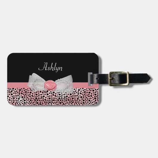 Roze en zwarte Cheetah Print Cute Bow met naam Bagagelabel (Voorkant horizontaal)