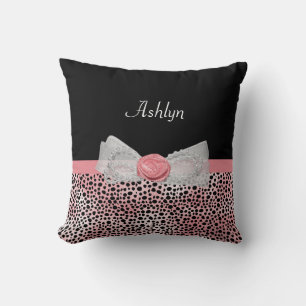 Roze en zwarte Cheetah Print Cute Bow met naam Kussen