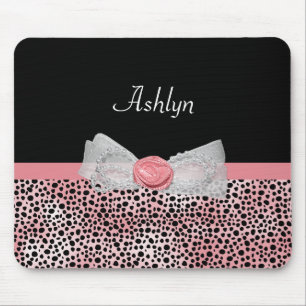 Roze en zwarte Cheetah Print Cute Bow met naam Muismat