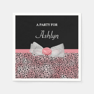 Roze en zwarte Cheetah Print Cute Bow met naam Servetten
