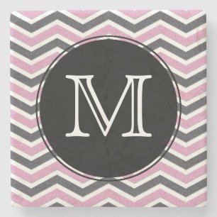 Roze en zwarte Chevron Monogram Stone Onderzetter