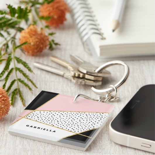 Roze en Zwarte Chic Abstract Patroon Custom Sleutelhanger (Voorkant Rechts)