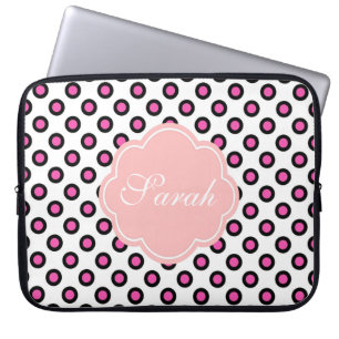 roze en zwarte cirkel polka stippen monogram laptop sleeve