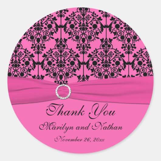 Roze en Zwarte Damask 3"Ronde Sticker (Voorkant)