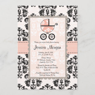 Roze en zwarte Damask Baby Shower-uitnodigingen Kaart