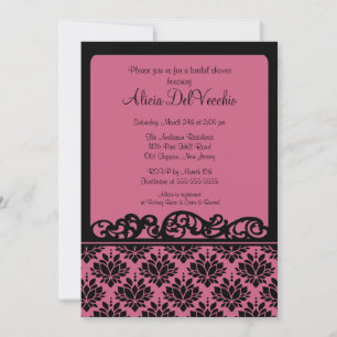 Roze en zwarte Damask Bridal Shower Invitation Kaart