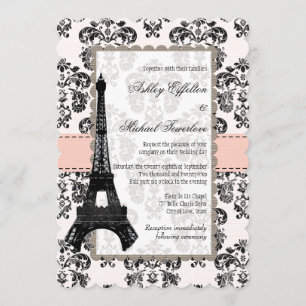Roze en zwarte Damask Eiffel Tower Weddenschap Kaart