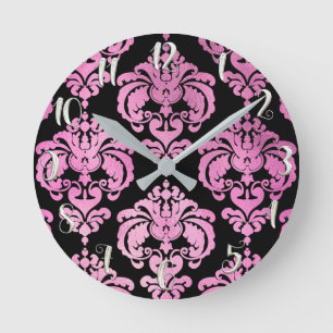 Roze en zwarte Damask modern, op maat gemaakt Ronde Klok