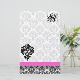 Roze en zwarte Damask-monogram Briefpapier