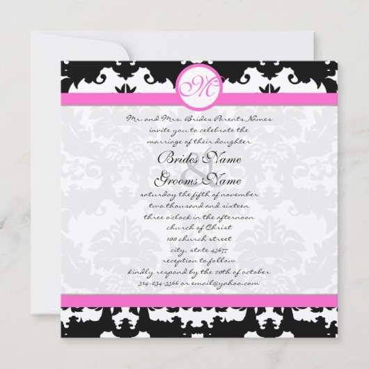 Roze en zwarte Damask Swirls Wedding Invitation Kaart (Voorkant)