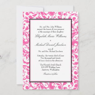Roze en zwarte Damask Wedding Kaart