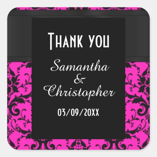 Roze en zwarte damast dank u vierkante sticker (Voorkant)