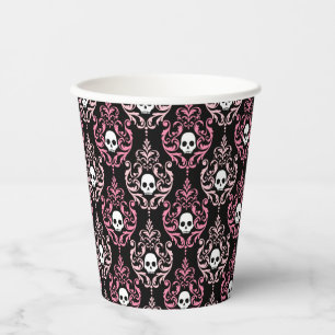 Roze en zwarte damast met schedels Halloween Papieren Bekers