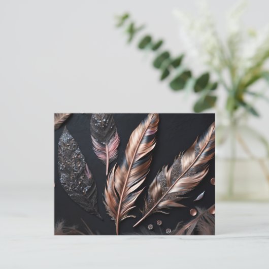 Roze en zwarte decoratieve veren briefkaart (Staand voorkant)
