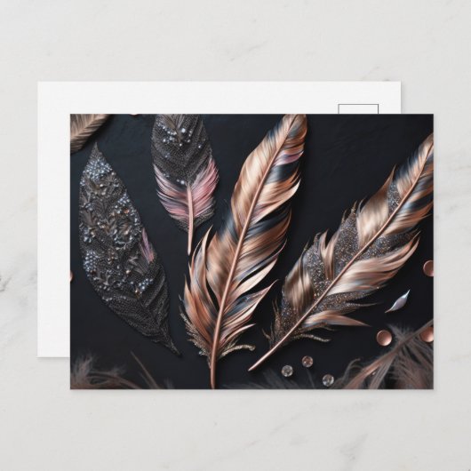 Roze en zwarte decoratieve veren briefkaart (Voorkant / Achterkant)