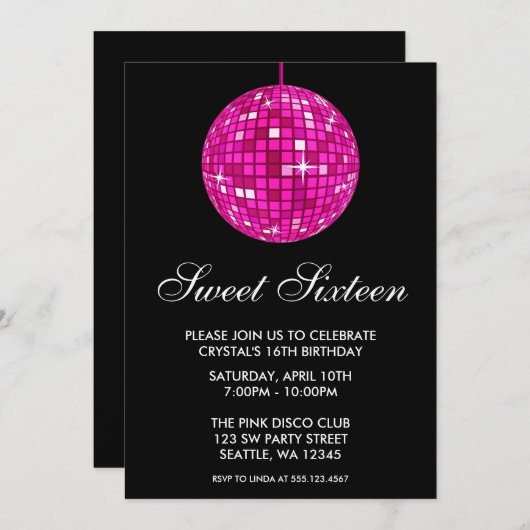 Roze en Zwarte Disco Bal Sweet Zestien Verjaardag Kaart (Voorkant / Achterkant)