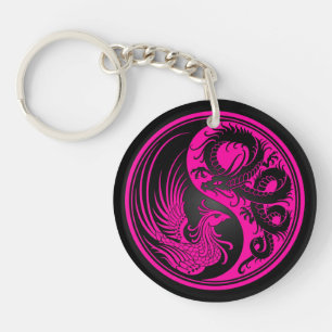 Roze en zwarte draak Phoenix Yin Yang Sleutelhanger