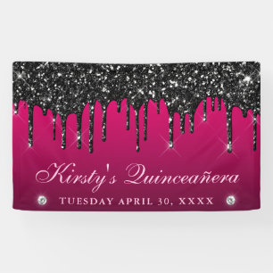 Roze en zwarte druipende glitters Quinceanera Spandoek