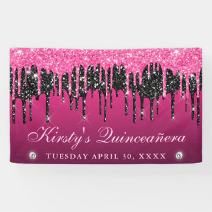 Roze en zwarte druipende glitters Quinceanera Spandoek