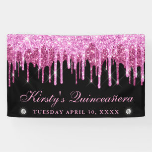 Roze en zwarte druipende glitters Quinceanera Spandoek