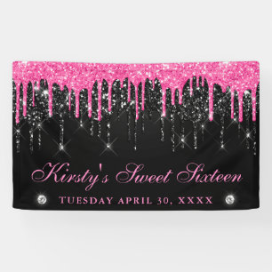 Roze en zwarte druipende glitters Sweet Sixteen Spandoek