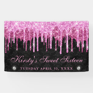 Roze en zwarte druipende glitters Sweet Sixteen Spandoek