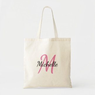 Roze en zwarte Eenvoudige monogram Klassieke rendi Tote Bag