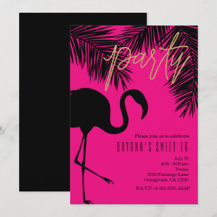 Roze en zwarte flamingo & Palm Party-uitnodigingen Kaart