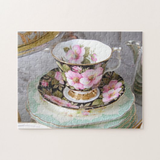 Roze en zwarte Foral Teacup Jigzaag Puzzle Legpuzzel (Horizontaal)