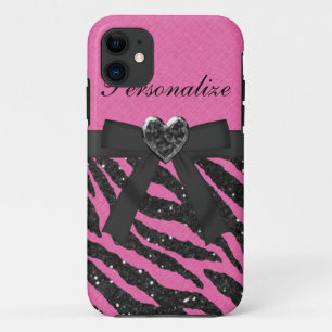 Roze en zwarte gedrukte Zebra Glitter & Bow iPhone 11 Hoesje