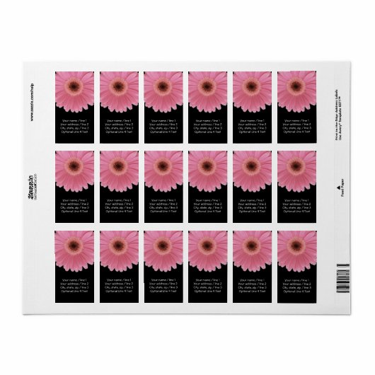 Roze en Zwarte Gerbera Daisy | Verticale Achtergro Etiket (Full Sheet)