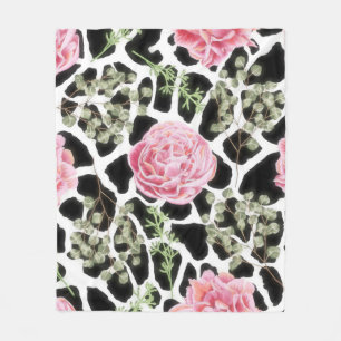 Roze en zwarte Giraffe en bloemen Fleece Deken