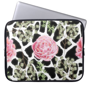 Roze en zwarte Giraffe en bloemen Laptop Sleeve