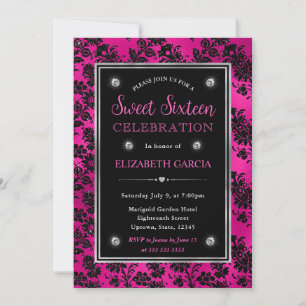 Roze en Zwarte Glitter Floral Damask Sweet 16 Kaart