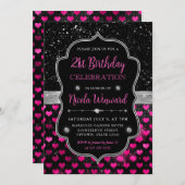 Roze en Zwarte Glitter Harten 21e Verjaardag Kaart (Voorkant / Achterkant)