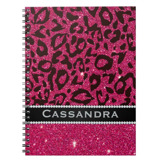 Roze en zwarte Glitter-leopardprinter Naam Ruites Notitieboek (Voorkant)