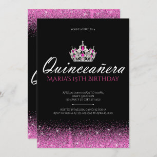 Roze en zwarte Glitter Quinceanera-uitnodigingen Kaart