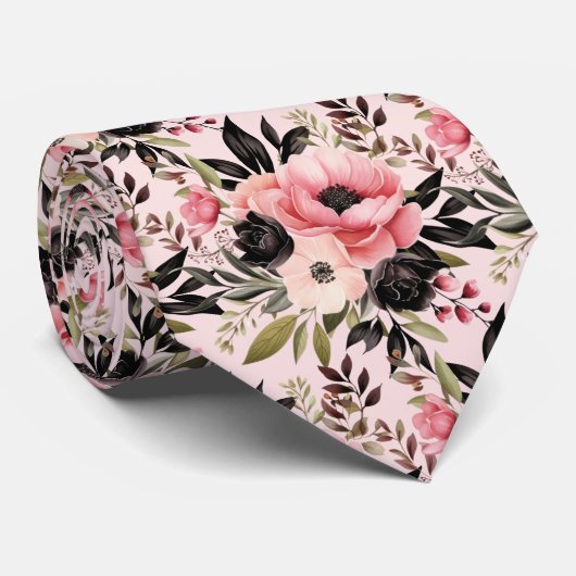 Roze en zwarte Gothic Bloemen Bloemen Stropdas (Opgerold)