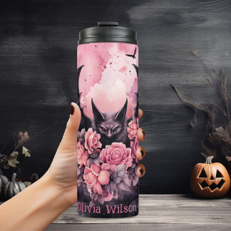 Roze en zwarte Gothic Bloemenvleermuis gepersonali Thermosbeker