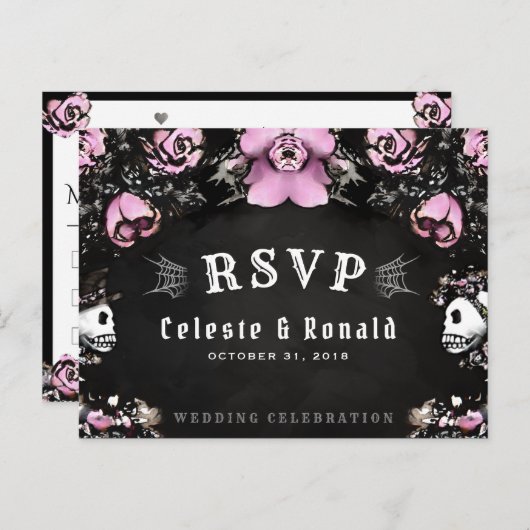 Roze en zwarte Gothische Rozen & Skeleton RSVP-Bri Briefkaart (Voorkant / Achterkant)