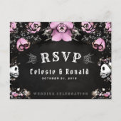 Roze en zwarte Gothische Rozen & Skeleton RSVP-Bri Briefkaart (Voorkant)