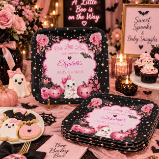 Roze en Zwarte Griezeldokie Babyborrel Papieren Bordje