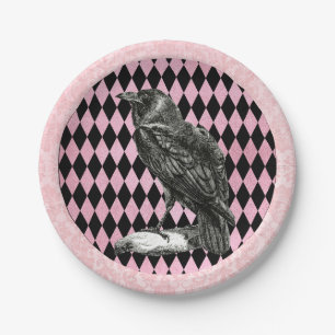 Roze en Zwarte Harlekijn en Raven Papieren Bordje