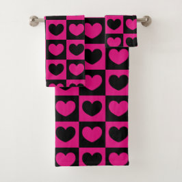 Roze en zwarte harten bad handdoek