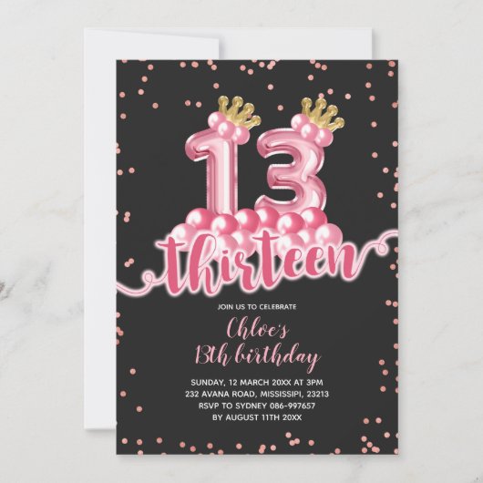 Roze en zwarte Kroonballon Dertien verjaardag Kaart (Voorkant)