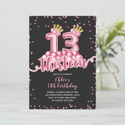 Roze en zwarte Kroonballon Dertien verjaardag Kaart (Staand voorkant)